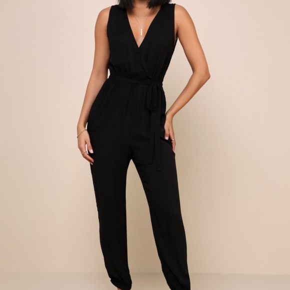 Lulus Take On The Day Black Sleeveless Surplice Jumpsuit - Size L - Picture 1 of 8